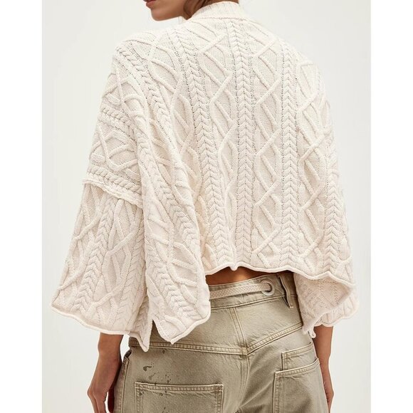 Women's Cable Knit Cropped Sweater Oversized Fall Long Sleeve Knit Top - Picture 2 of 5